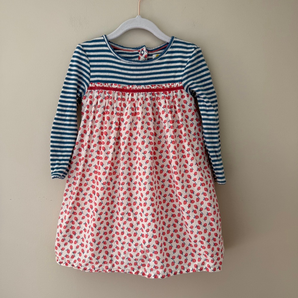 Baby Boden Girls Blue Striped Strawberry Print Cotton Dress 2-3Y 98cm Red Velvet